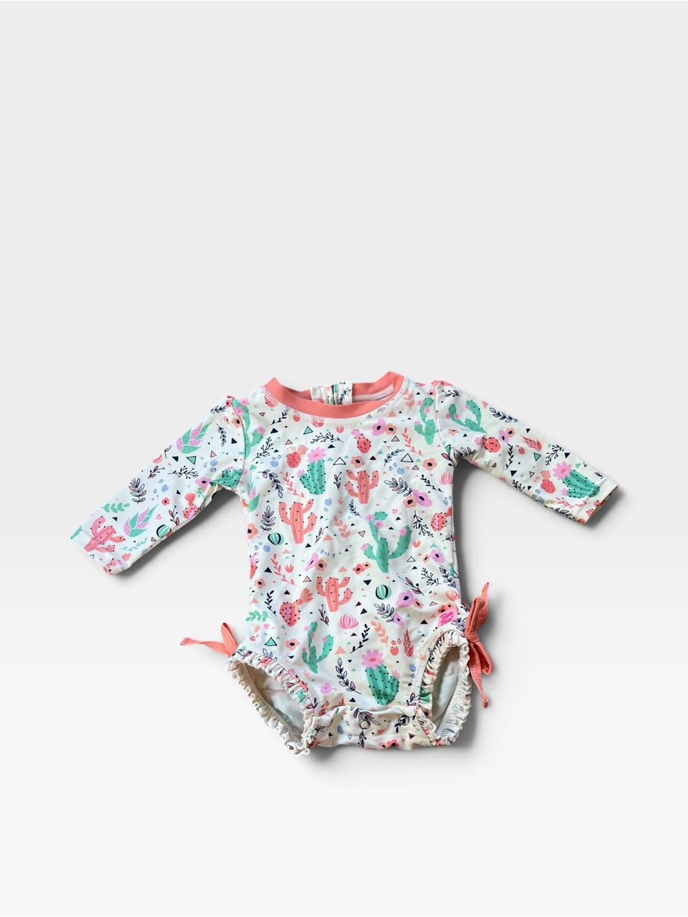 Ruffle Butts White Cactus Print Long-Sleeve One-Piece with Coral Trim
